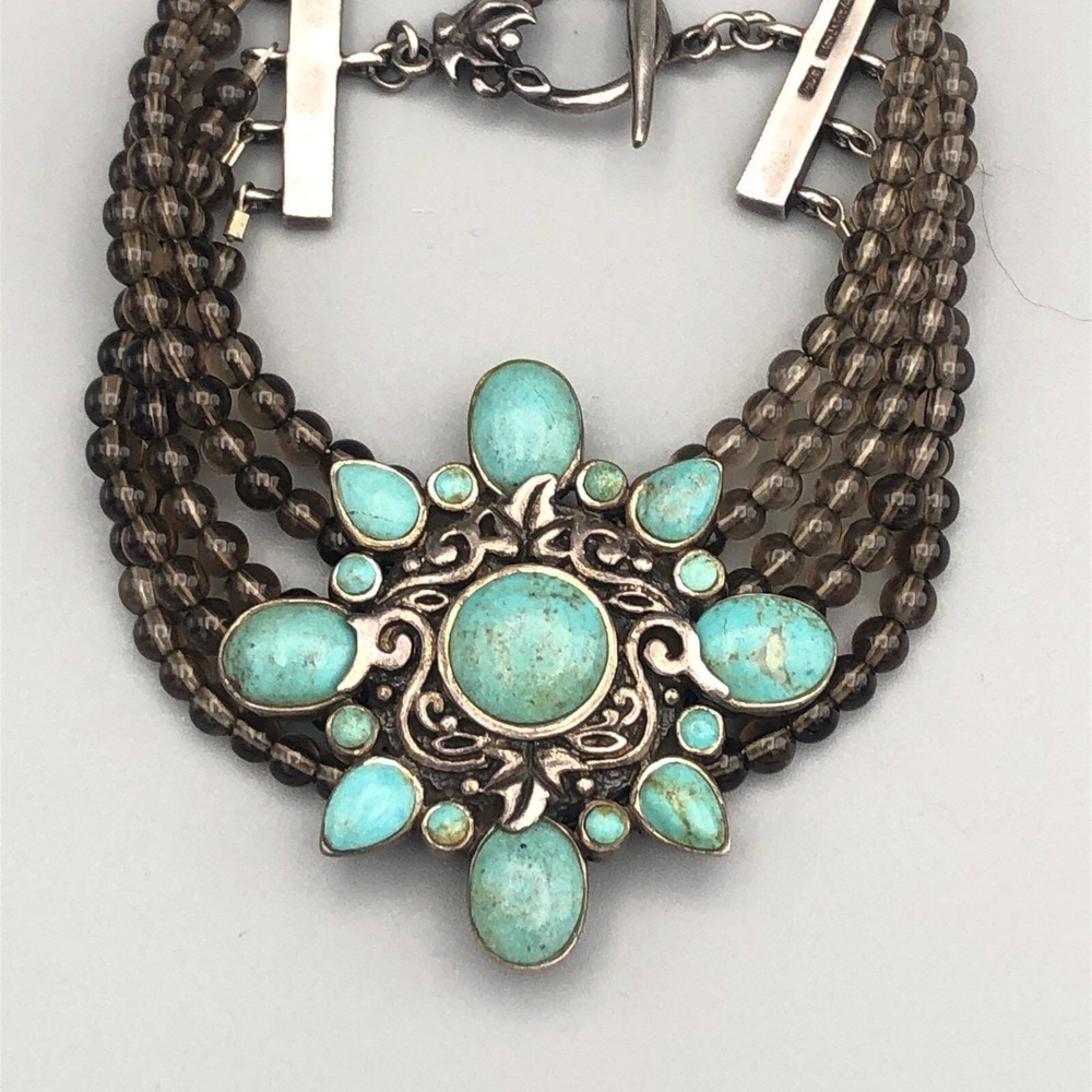 Barse Sterling Silver Turquoise Bracelet Beaded Smoky Quartz 7.5"